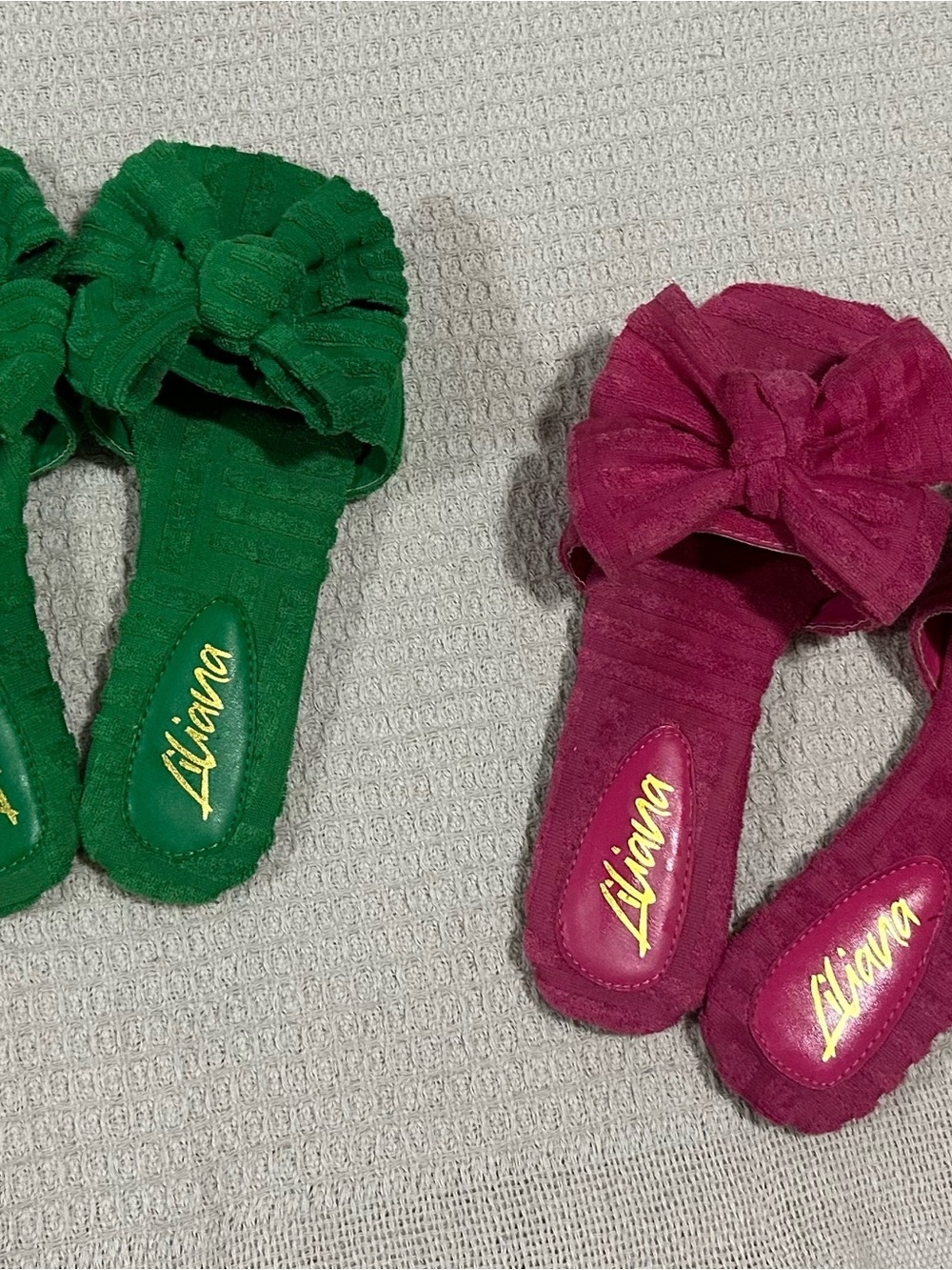 Liviana Bow Slide Sandals in Green and Magenta, designer inspired.